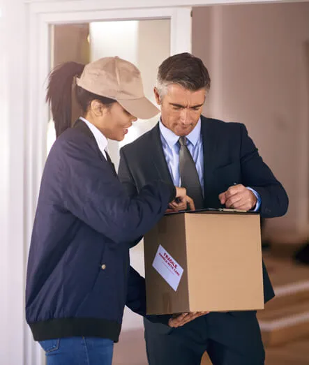 Lieferantin übergibt Paket an Geschäftsmann an der Haustür