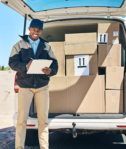 Lächelnder Lieferfahrer mit Klemmbrett vor einem Lieferwagen voller Pakete bei der Zustellung